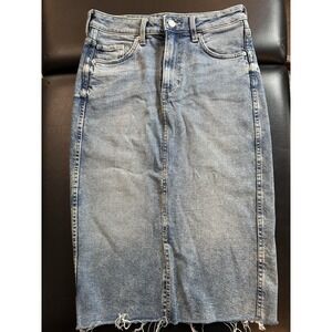 &Denim High Rise Blue Denim Midi Skirt US 6 Straight & Pencil Regular Raw Hem